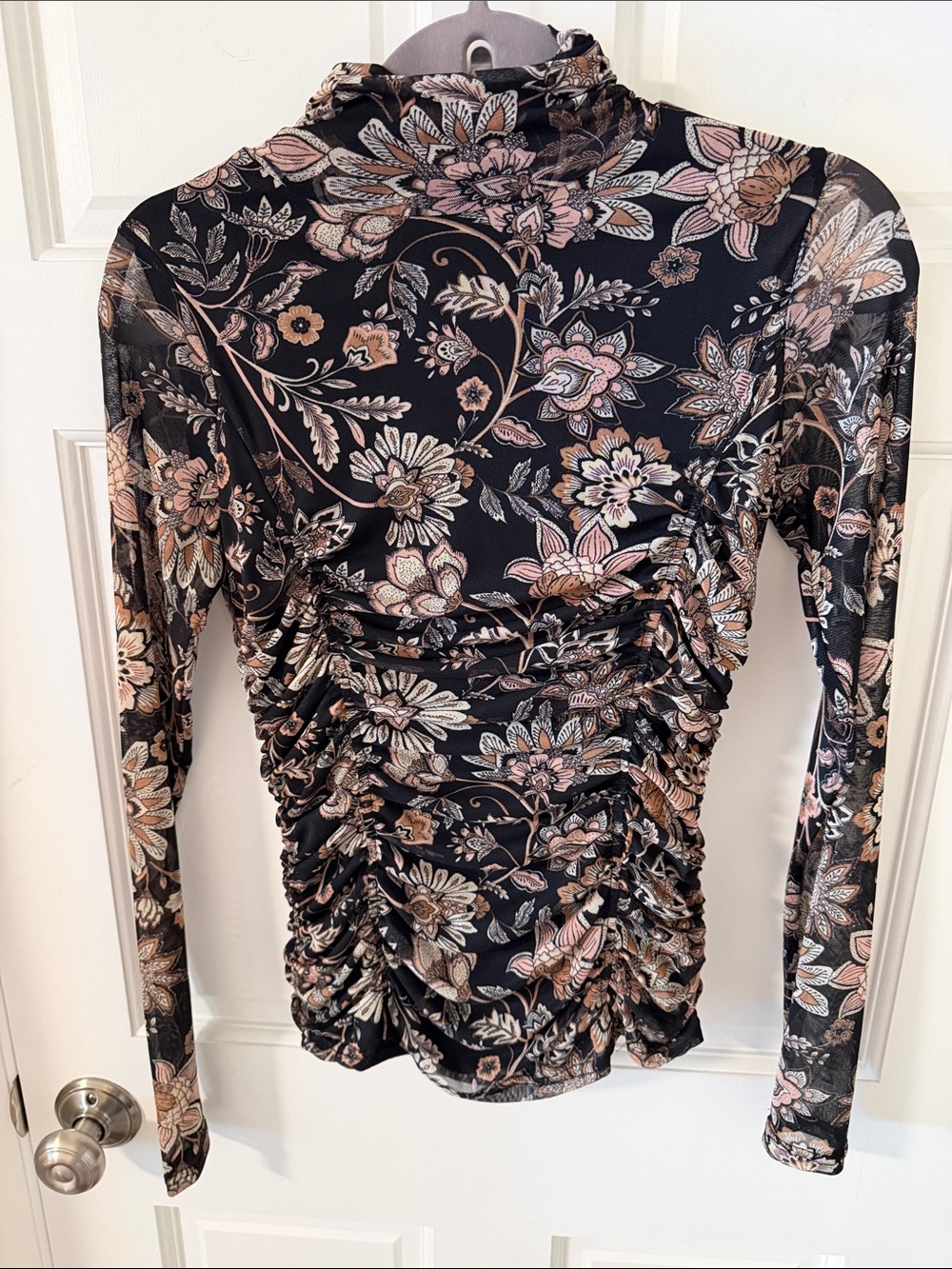 Jane & Delancey Floral Mesh Ruched Mock Neck  Long Sleeve Top Size Small